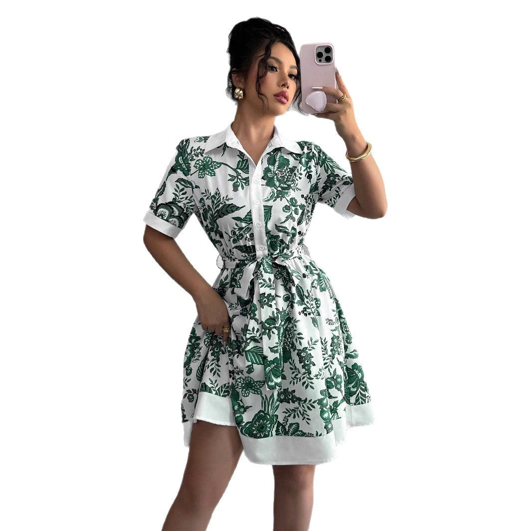 Damen Hemdblusenkleid mit floralen Mustern und Taillengürtel R&B