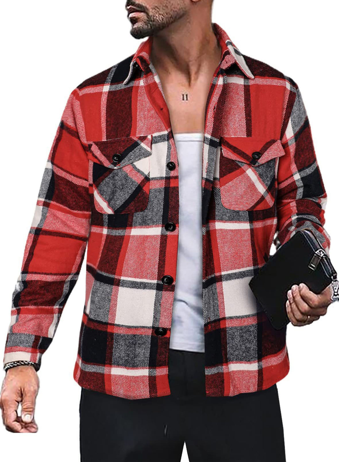 Herren Flanellhemd mit Karomuster und funktionalen Taschen R&B