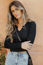 Damen Langarm Crop-Top mit U-Boot-Ausschnitt und Rippstruktur R&B