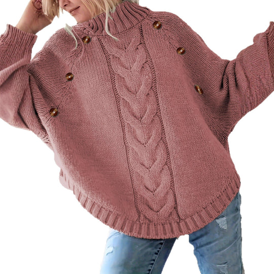 Damen Grobstrickpullover mit hochgeschlossenem Kragen und dekorativen Knöpfen R&B