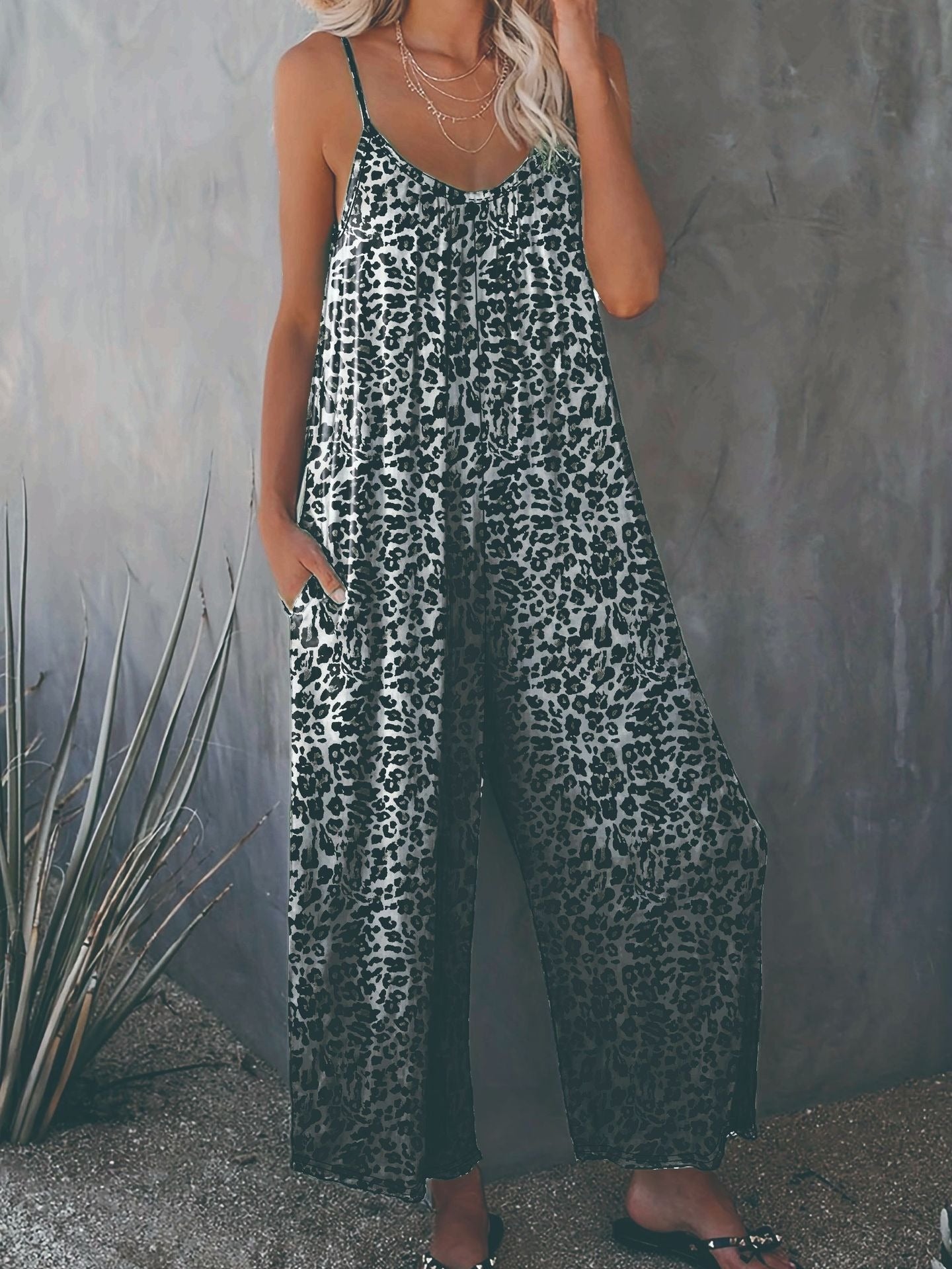 Damen Lockere Jumpsuit mit Animal-Print und praktischen Taschen R&B