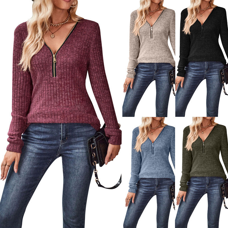 Damen Modischer Pullover mit teilbarem Reißverschluss und Rippstrick-Muster