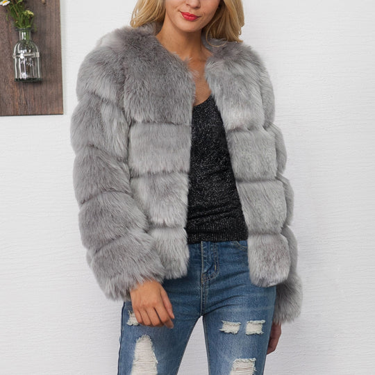Damen Flauschige Kunstpelzjacke mit voluminösen Ärmeln und elegantem Schnitt R&B