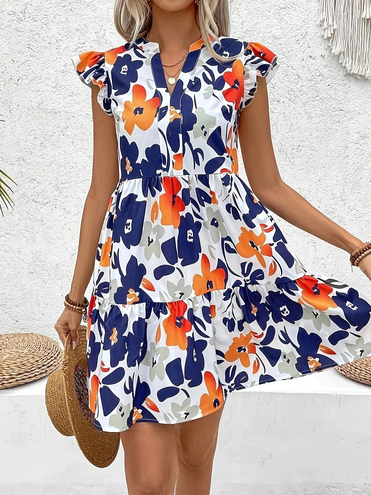 Damen Blusenkleid mit floralem Design und Rüschendetails R&B
