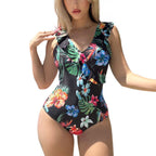 Damen Einteiler Badeanzug mit floralem Design und Rüschendetails