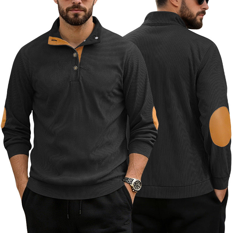Herren nan lässiger Strukturpullover mit Polokragen, kurzer Knopfleiste und veganen Lederbesätzen R&B