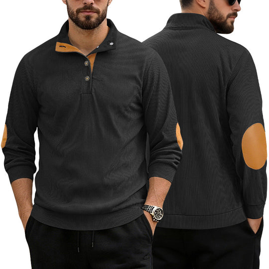 Herren nan lässiger Strukturpullover mit Polokragen, kurzer Knopfleiste und veganen Lederbesätzen R&B