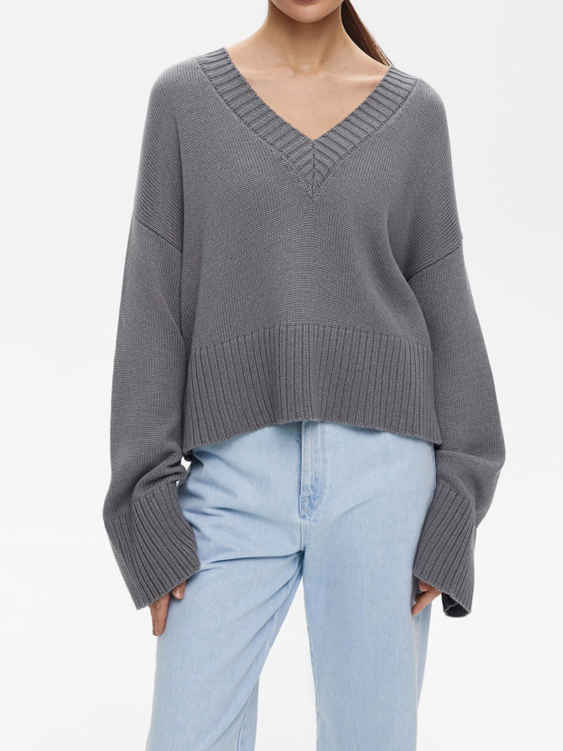 Damen Strickpullover mit tiefem V-Ausschnitt und lässigem Schnitt R&B