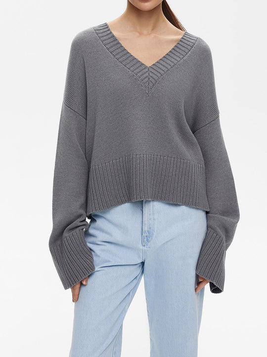 Damen Strickpullover mit tiefem V-Ausschnitt und lässigem Schnitt R&B