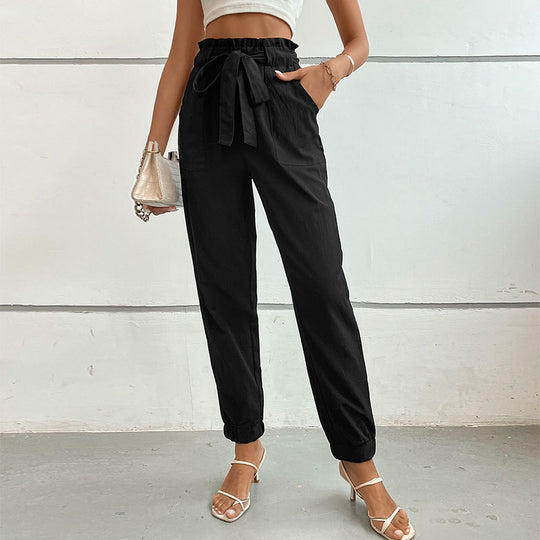 Damen lässige Stoffhose mit elastischem Bund und Bindegürtel R&B
