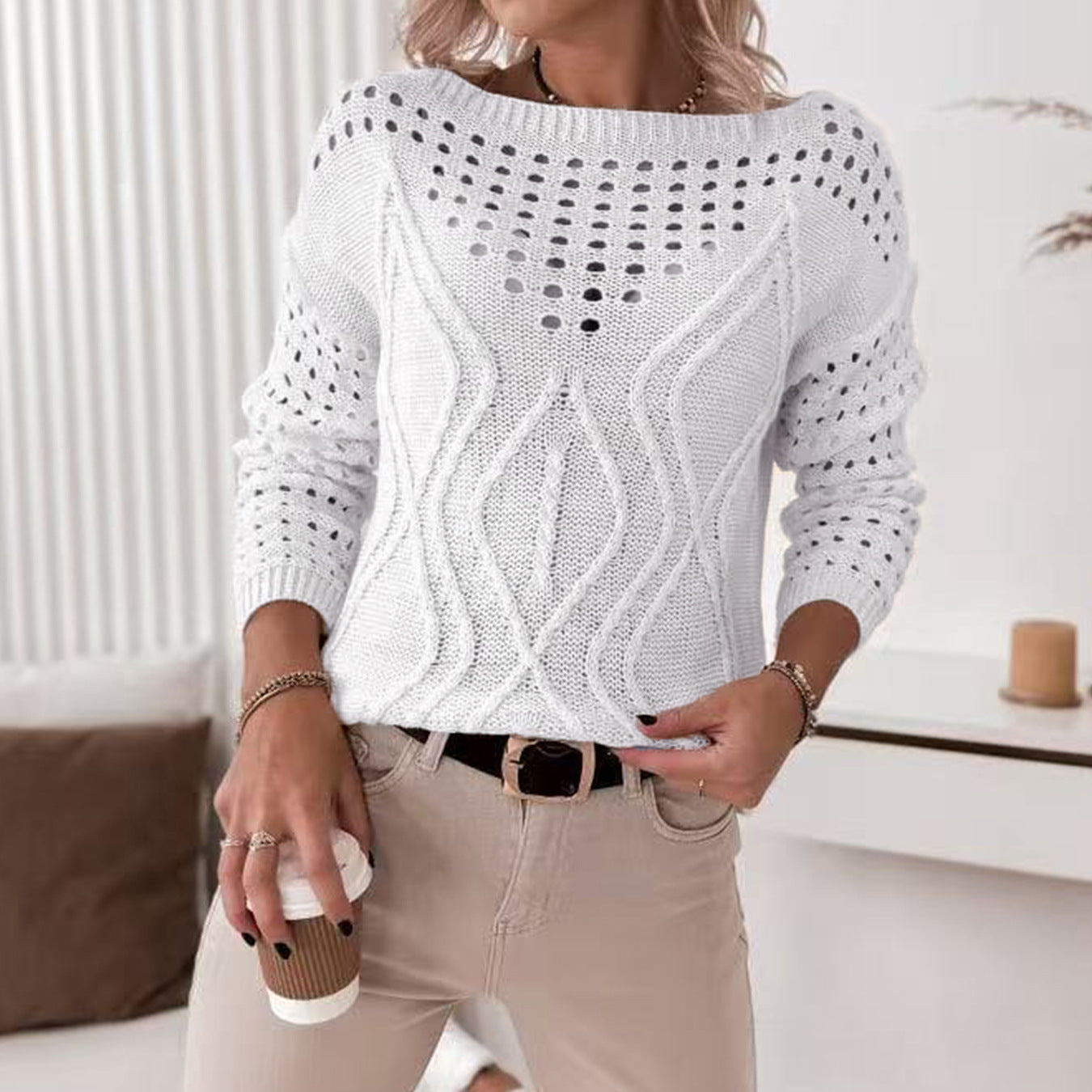 Damen Strickpullover mit luftigen Lochmustern und zartem Zopfdesign