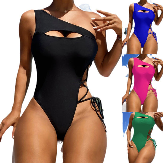 Damen Einteiler Badeanzug mit asymmetrischem Design und raffinierten Kordeldetails R&B