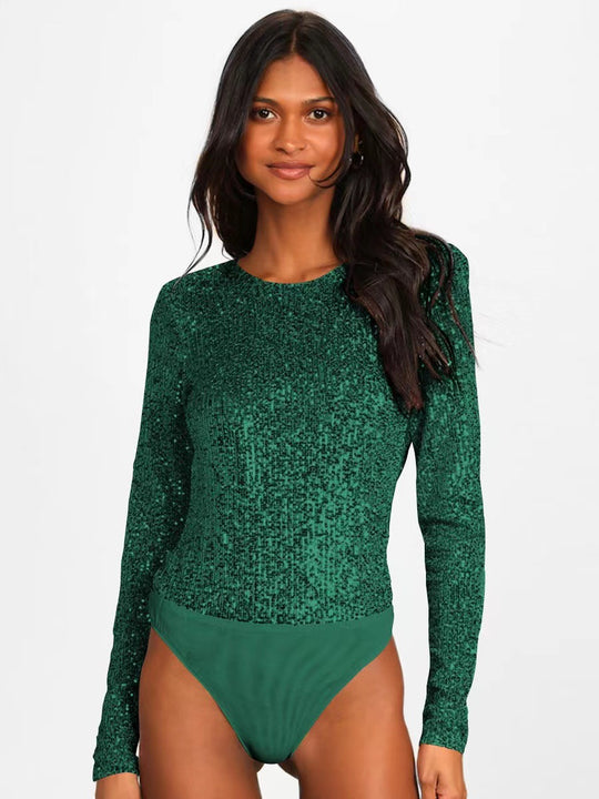 Damen Funktionsreicher Pailletten-Bodysuit mit langem Arm R&B
