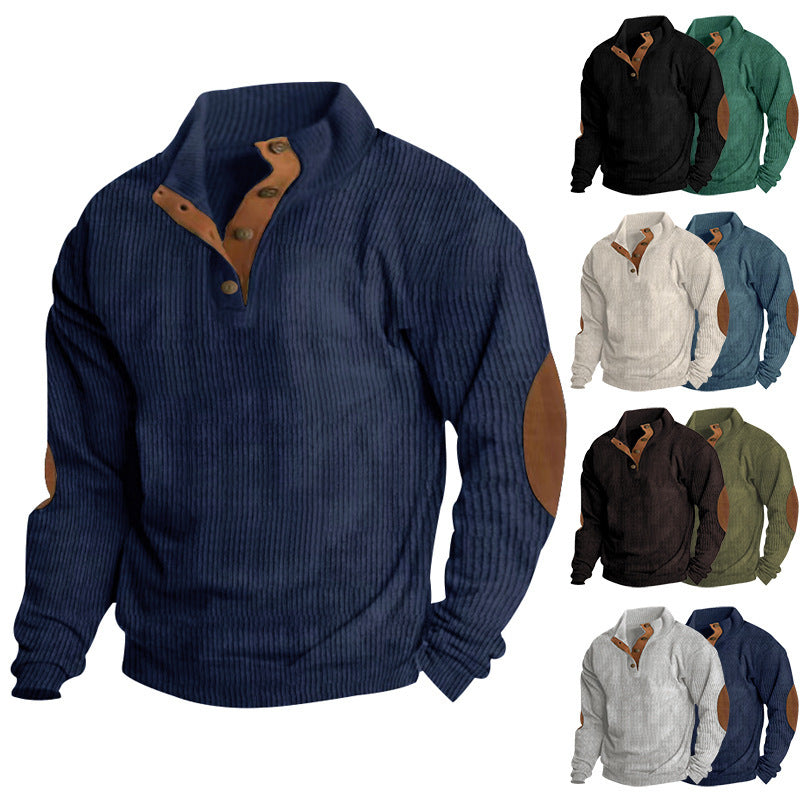 Herren nan grobgestrickter Pullover mit Stehkragen, Knopfleiste und Kunstleder-Ellbogenpatches R&B