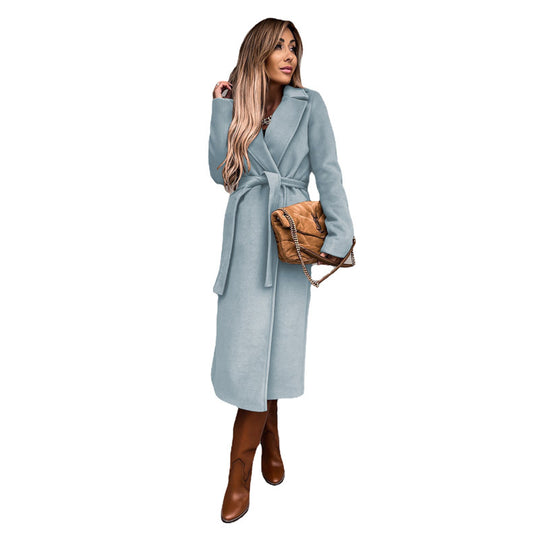 Damen eleganter Langmantel mit Gürtel und offenen Taschen R&B