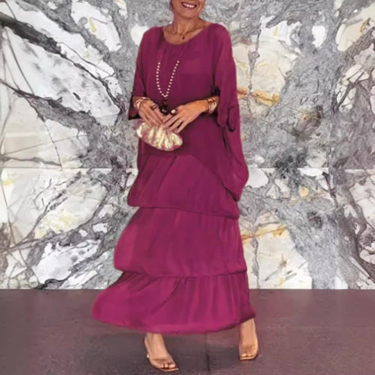 Damen nan bodenlanges Stufenkleid mit weiten Fledermausärmeln und lockerer Silhouette R&B