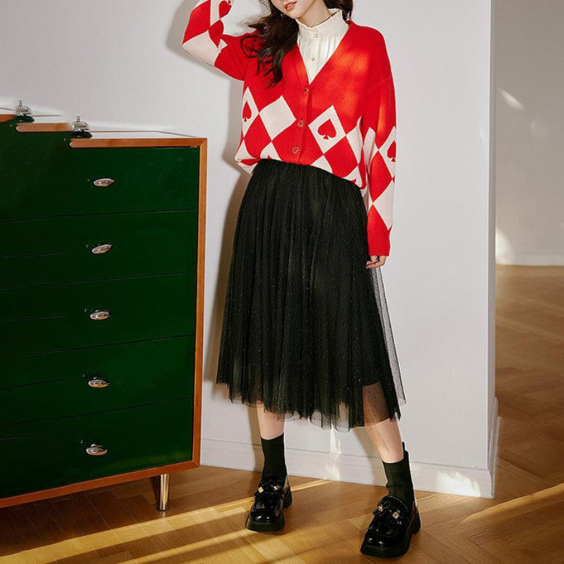 Damen Strickjacke mit Herzknöpfen und Rautenmuster R&B