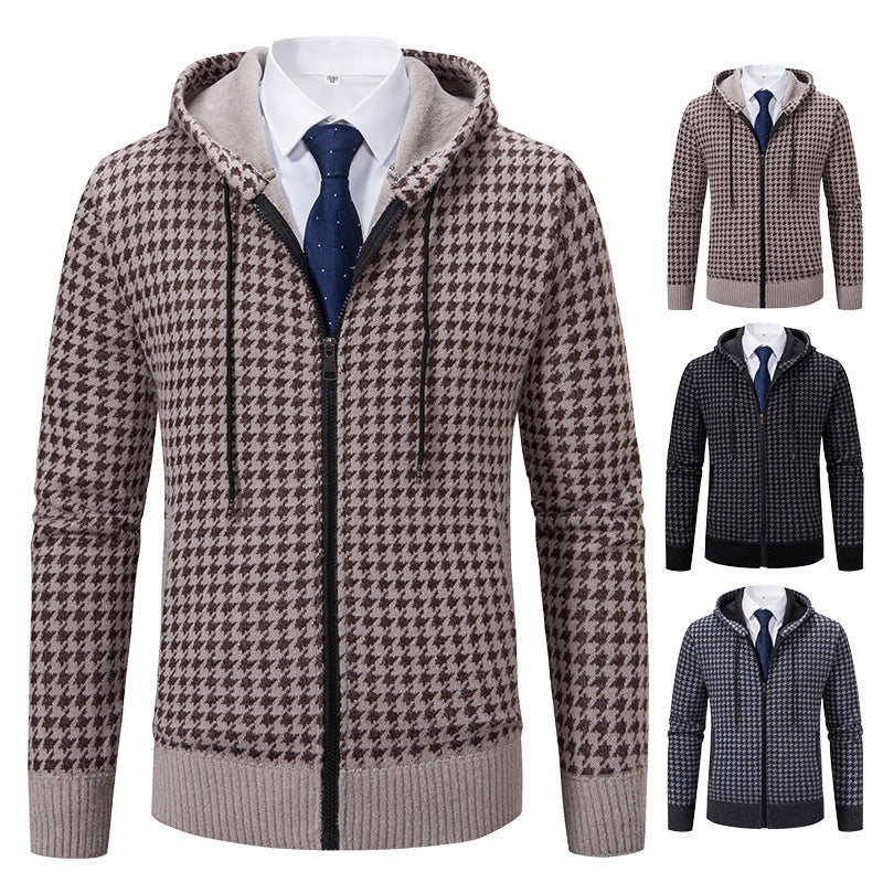 Herren gemütlicher Strickpullover mit modernem Karomuster und Kapuze R&B