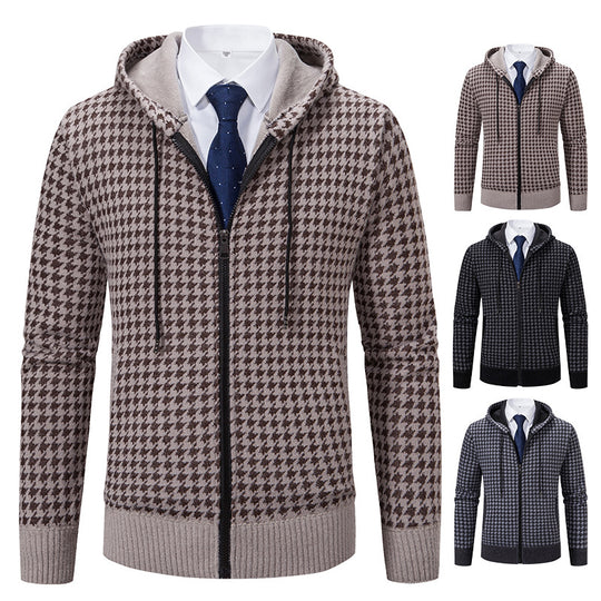 Herren gemütlicher Strickpullover mit modernem Karomuster und Kapuze R&B