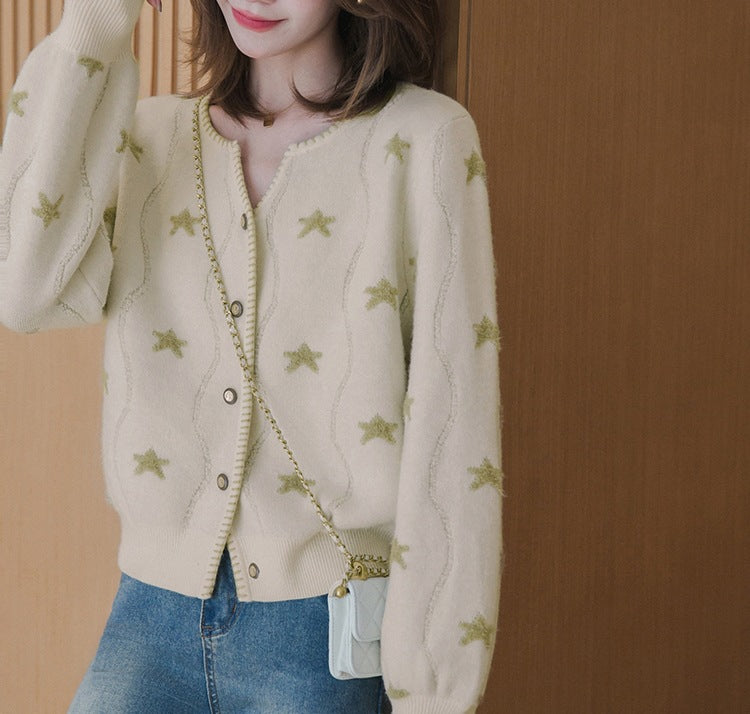 Damen Gemusterter Strickcardigan mit Sternenmotiv und Knopfleiste R&B