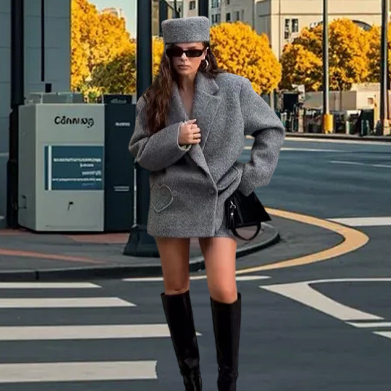 Damen Trendiger Überwurf-Blazer aus Wollmischung mit Herz-Detail R&B