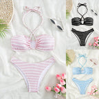 Damen Bandeau-Bikini mit zeitlosem Streifenmuster und eleganter Schnürung R&B