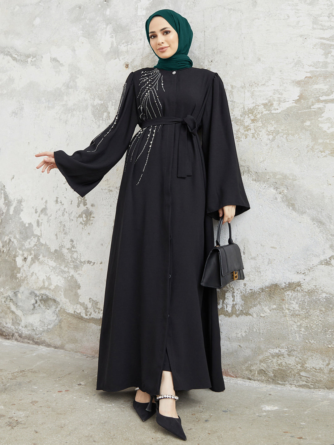 Damen Maxi-Kleid mit funkelnden Applikationen und elegantem Gürtel R&B