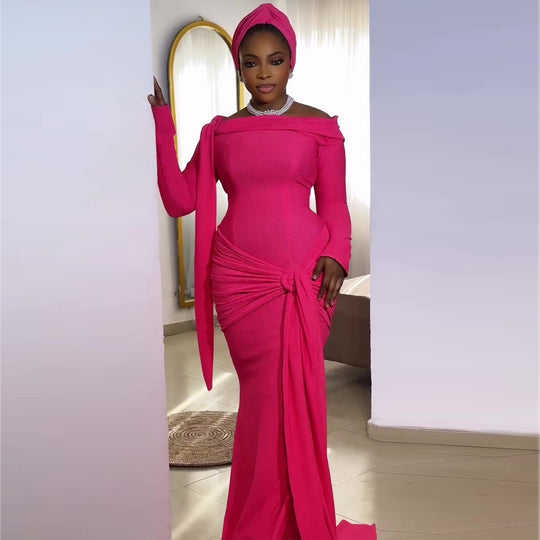 Damen Elegantes Langarmkleid mit asymmetrischem Drapé und Schleifenakzent R&B