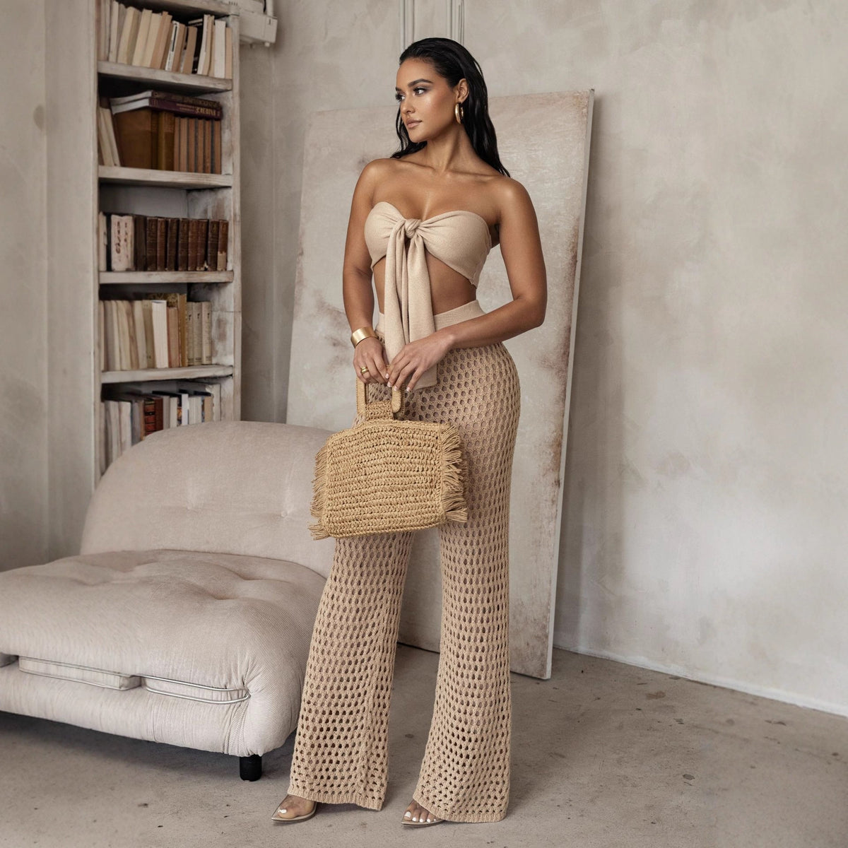 Damen Set aus gehäkeltem Oberteil und weitem Palazzo-Hosen R&B