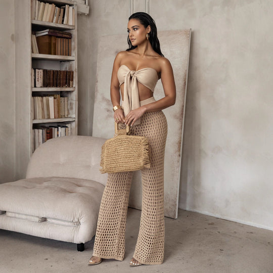 Damen Set aus gehäkeltem Oberteil und weitem Palazzo-Hosen R&B