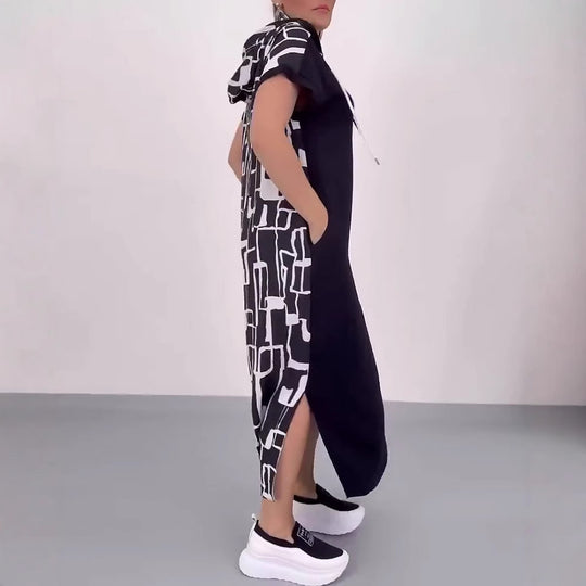 Damen nan urbanes Kapuzen‑Kaftankleid in lockerem Fall mit kurzärmeligem Schnitt und abstraktem Grafikmuster R&B