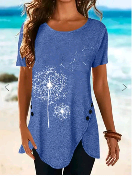 Damen Kurzarmshirt mit asymmetrischem Saum und Dandelion-Print R&B