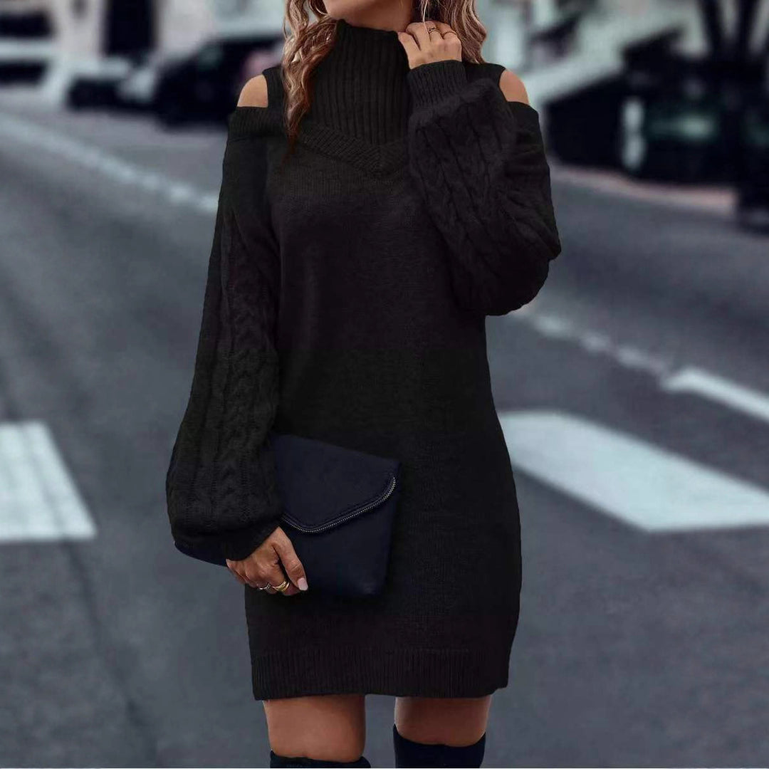 Damen Strickkleid mit geöffneten Schultern und strukturiertem Stehkragen R&B
