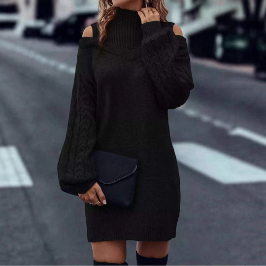 Damen Strickkleid mit geöffneten Schultern und strukturiertem Stehkragen R&B