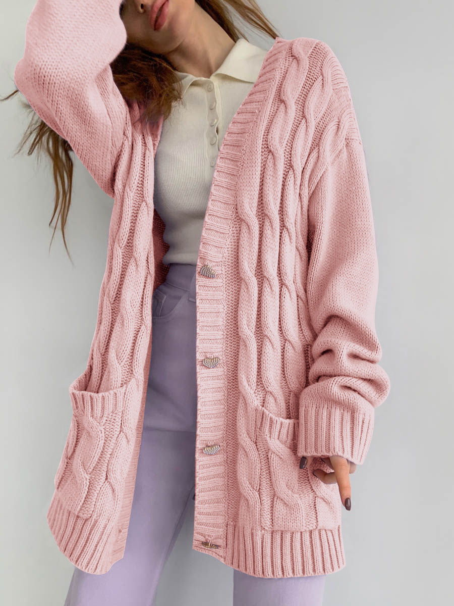 Damen Grobstrick-Cardigan mit herzförmigen Knöpfen und seitlichen Taschen R&B
