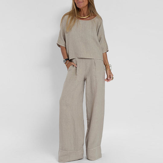 Damen luftiges Leinen-Ensemble mit weitem Schnitt und praktischen Taschen R&B