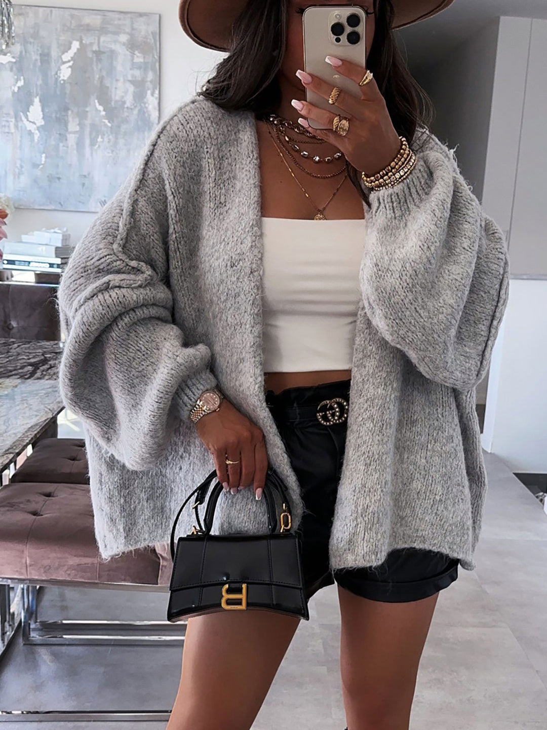 Damen lässiger Strickcardigan mit voluminösen Ärmeln und weichem Material R&B