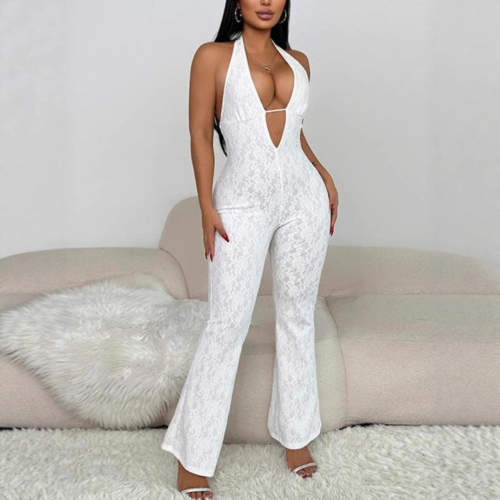 Damen eleganter Jumpsuit mit tiefem V-Ausschnitt und Spitzendetails R&B