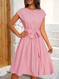 Damen Midikleid mit taillierendem Bindegürtel und verspieltem Polka-Dots Design R&B