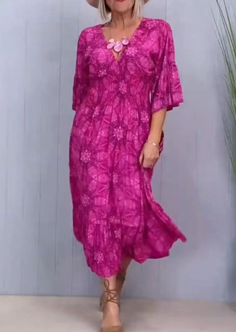 Damen nan fließendes Kaftan-Midikleid mit V-Ausschnitt, lockerer Silhouette, Stufenrock und dreiviertel-Ärmeln R&B