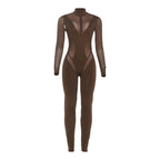Damen Eleganter Catsuit mit transparenten Einsätzen und hohem Kragen R&B