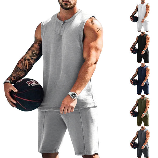 Herren sportliches Trainingsoutfit mit ärmellosem Oberteil und Shorts R&B
