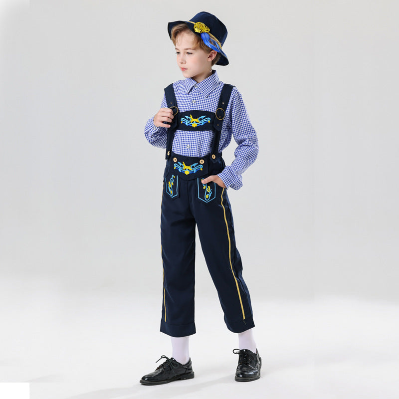 Herren nan bestickte Kindertracht Latzhose mit verstellbaren Hosenträgern und Kontrastnähten R&B