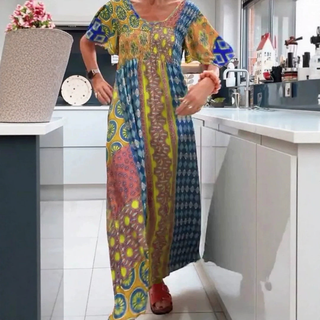 Damen nan Boho Maxikleid mit gesmoktem Oberteil und weitem Fließrock R&B