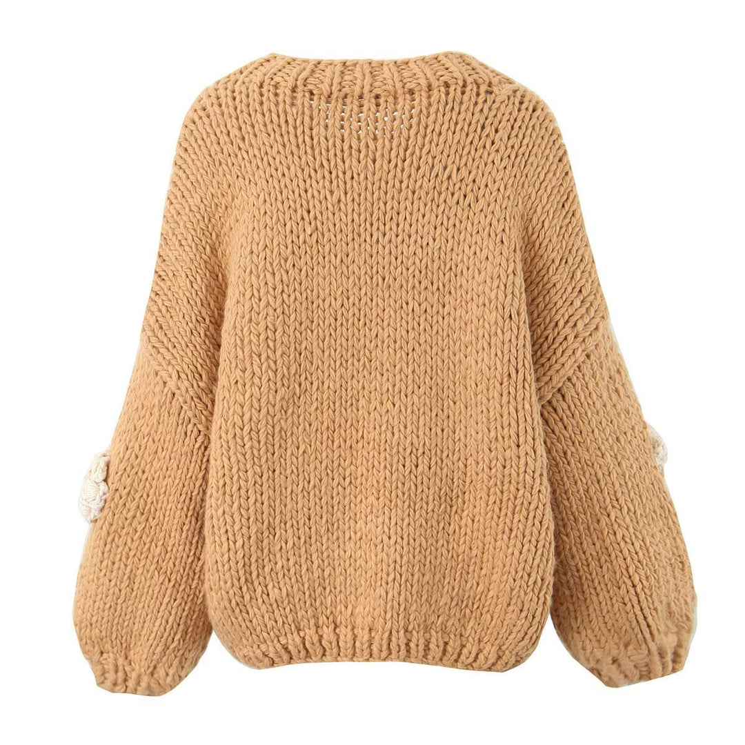 Damen gepunkteter Strickpullover mit voluminösen Ärmeln und floralem Design R&B