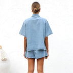 Damen lässige Kurzarm-Jeansbluse mit passender Shorts R&B