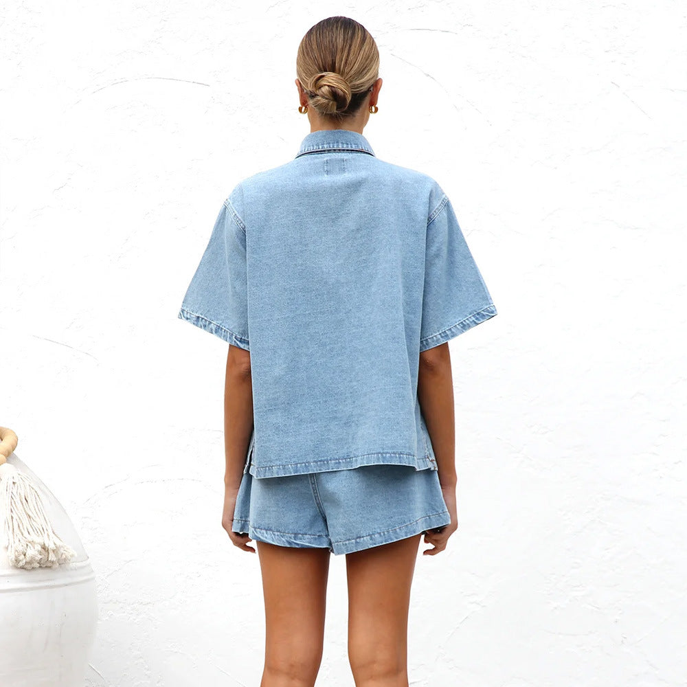 Damen lässige Kurzarm-Jeansbluse mit passender Shorts R&B