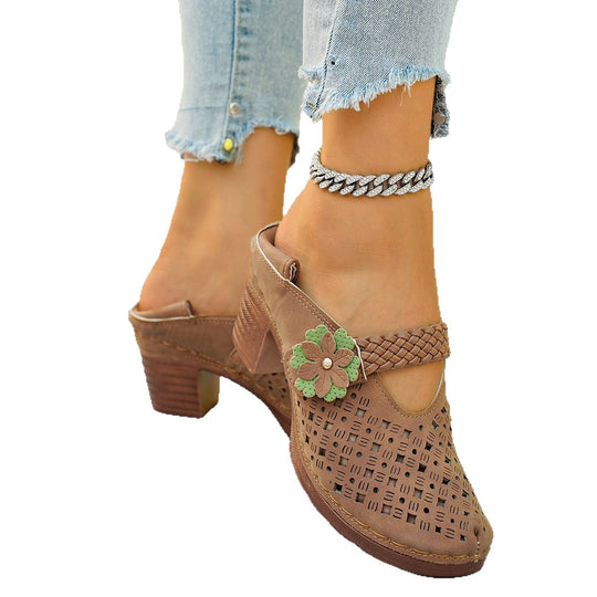 Damen elegante Pantoletten mit floralem Dekor und geflochtenem Riemen R&B