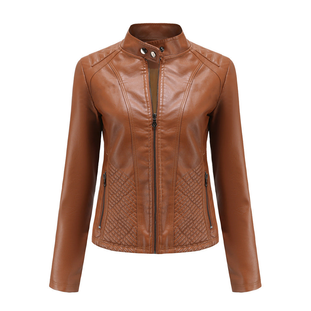 Damen nan taillierte Biker-Kunstlederjacke mit Stehkragen und gesteppter Seitenpartie R&B