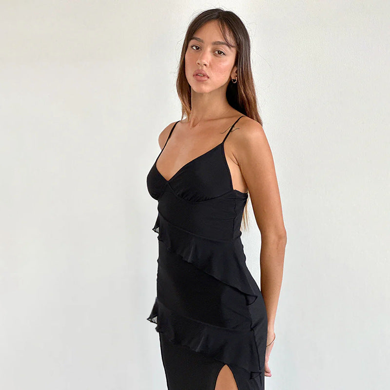 Damen Elegantes Maxikleid mit verspielten Rüschendetails und tiefem Schlitz EB